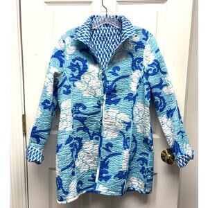 Patty Kim Jacket Blue White Quilted Floral Reversible Geometric Cotton Womens S